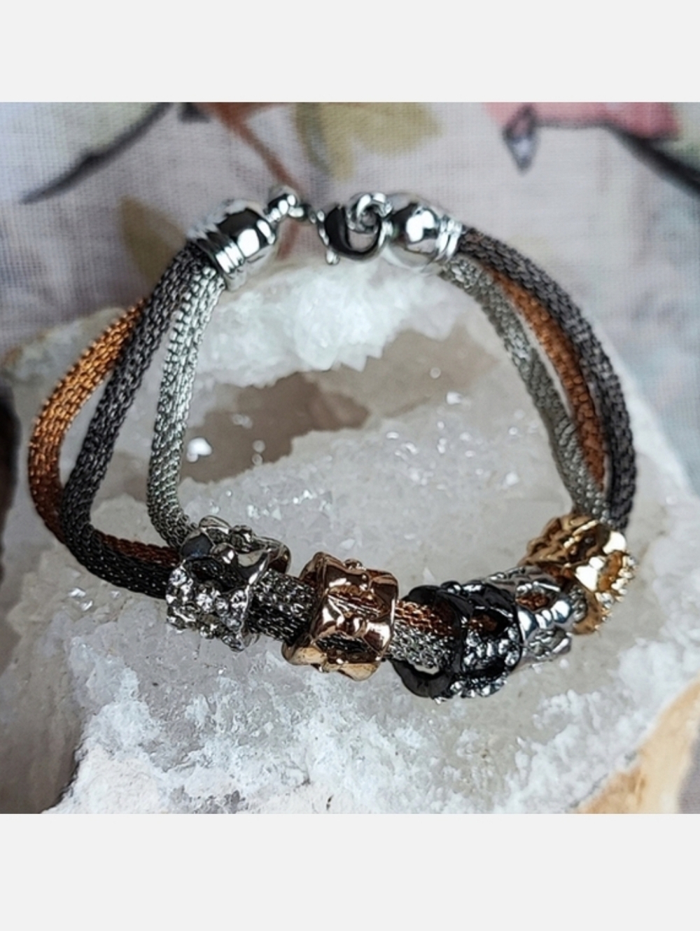Multi Tri Colored Metal Mesh Tube Rhinestone Bracelet Gold Silver Tone Gunmetal